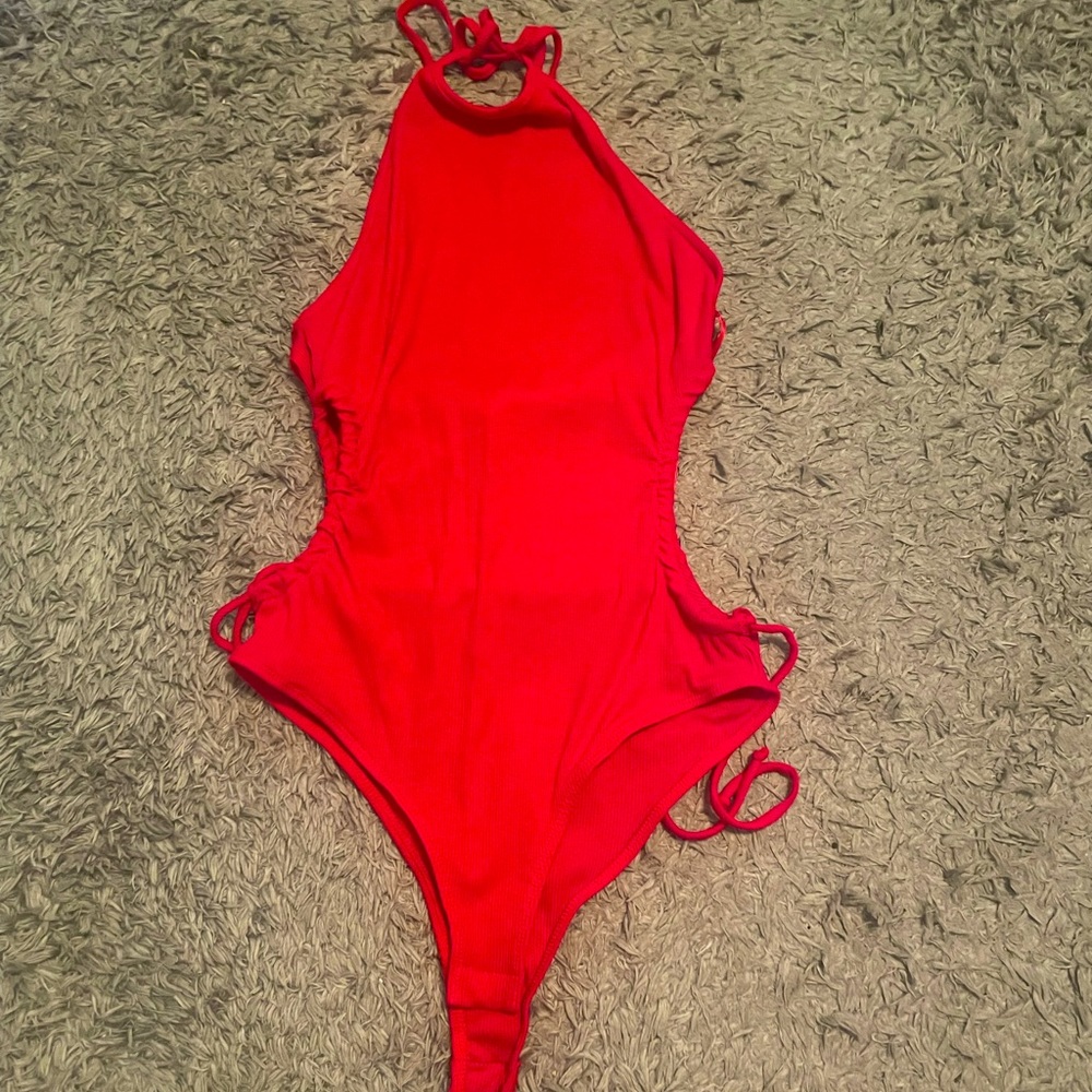 Bright Red High Neck Cut-Out Bodysuit